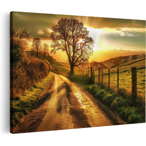 Artaza Canvas Schilderij Eenzame Boom in een Veld bij Zonsondergang - 120x80 cm - Groot - Wanddecoratie Woonkamer - Schilderijen - Muurdecoratie