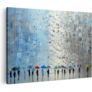 Artaza Canvas Schilderij Mensen met Paraplu’s in de Regen - 120x80 cm - Groot - Wanddecoratie Woonkamer - Schilderijen - Muurdecoratie