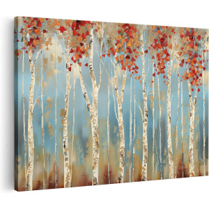 Artaza Canvas Schilderij Kunstwerk van Berkenbomen met Rode en Oranje Bladeren - 120x80 cm - Groot - Wanddecoratie Woonkamer - Schilderijen - Muurdecoratie
