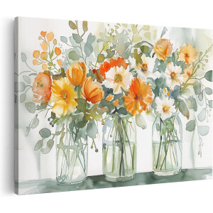 Artaza Canvas Schilderij Aquarel Bloemen in Glazen Vazen - Bloemen - 90x60 cm - Wanddecoratie Woonkamer - Schilderijen - Muurdecoratie