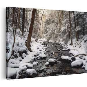 Artaza Canvas Schilderij Stroom in het Bos Bedekt met Sneeuw - 90x60 - Wanddecoratie - Foto Op Canvas - Canvas Print