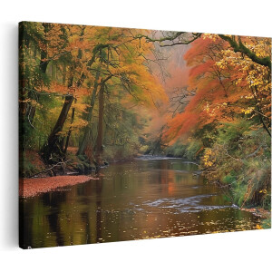 Artaza Canvas Schilderij Rivier met Bomen in de Herfst - 120x80 cm - Groot - Wanddecoratie Woonkamer - Schilderijen - Muurdecoratie