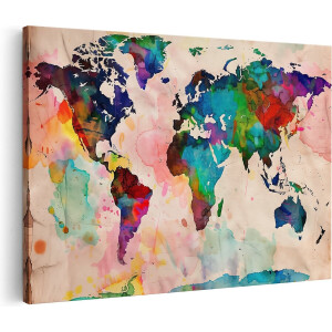Artaza Canvas Schilderij Aquarel Wereldkaart op een Stuk Papier - 30x20 - Klein - Foto Op Canvas - Canvas Print