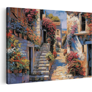 Artaza Canvas Schilderij Italiaans Straatje - 60x40 cm - Wanddecoratie Bloemen - Muurdecoratie Toscane - Schilderijen Op Canvas