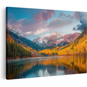 Artaza Canvas Schilderij Bergen Weerspiegeld in een Meer - 90x60 cm - Wanddecoratie Woonkamer - Schilderijen - Muurdecoratie