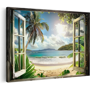 Artaza Canvas Schilderij Uitzicht op het Strand door een Open Raam - 30x20 cm - Klein - Wanddecoratie Woonkamer - Schilderijen - Muurdecoratie