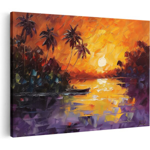 Artaza Canvas Schilderij Zonsondergang Zee - 60x40 cm - Wanddecoratie Palmboom - Muurdecoratie Strand - Schilderijen Op Canvas