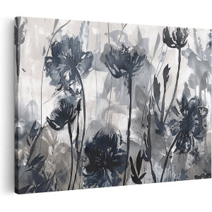 Artaza Canvas Schilderij Zwart Witte Bloemen in een Veld - Bloemen - 60x40 cm - Wanddecoratie Woonkamer - Schilderijen - Muurdecoratie