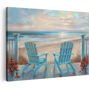 Artaza Canvas Schilderij Twee Adirondack Stoelen met Uitzicht op de Oceaan - 60x40 cm - Wanddecoratie Woonkamer - Schilderijen - Muurdecoratie