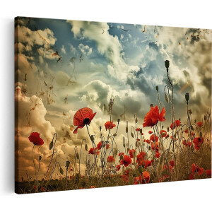 Artaza Canvas Schilderij Rode Klaprozen onder een Bewolkte Hemel - 90x60 cm - Wanddecoratie Woonkamer - Schilderijen - Muurdecoratie