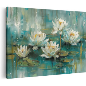 Artaza Canvas Schilderij Witte Waterlelies in het Water - Bloemen - 30x20 cm - Klein - Wanddecoratie Woonkamer - Schilderijen - Muurdecoratie