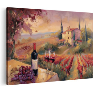 Artaza Canvas Schilderij Kunstwerk van Wijn en Druiven op een Tafel - 60x40 cm - Wanddecoratie Woonkamer - Schilderijen - Muurdecoratie