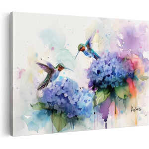 Artaza Canvas Schilderij Kolibrie - 60x40 cm - Wanddecoratie Bloemen - Muurdecoratie Vogels - Schilderijen Op Canvas Aquarel