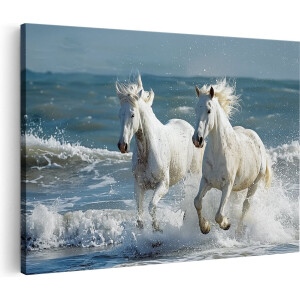 Artaza Canvas Schilderij Twee Witte Paarden in de Oceaan - Dieren - 30x20 cm - Klein - Wanddecoratie Woonkamer - Schilderijen - Muurdecoratie
