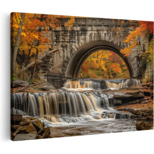 Artaza Canvas Schilderij Waterval onder een Brug - 30x20 cm - Klein - Wanddecoratie Woonkamer - Schilderijen - Muurdecoratie