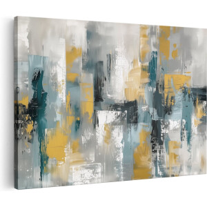 Artaza Canvas Schilderij Abstract Kunstwerk met Gele, Blauwe en Grijze Kleuren - 90x60 cm - Wanddecoratie Woonkamer - Schilderijen - Muurdecoratie