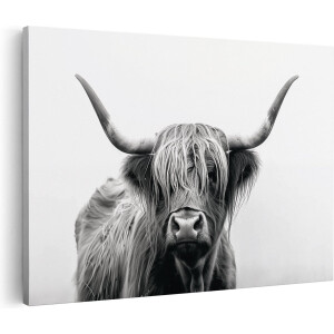 Artaza Canvas Schilderij Zwart Wit Hooglander Koe - Dieren - 30x20 cm - Klein - Wanddecoratie Woonkamer - Schilderijen - Muurdecoratie