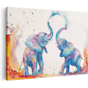 Artaza Canvas Schilderij Twee Olifanten met Waterspatten - Dieren - 120x80 cm - Groot - Wanddecoratie Woonkamer - Schilderijen - Muurdecoratie