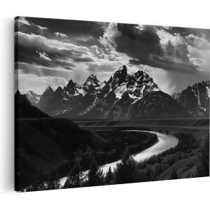 Artaza Canvas Schilderij Zwart Wit Grand Teton Bergen - Landschap - 30x20 cm - Klein - Wanddecoratie Woonkamer - Schilderijen - Muurdecoratie