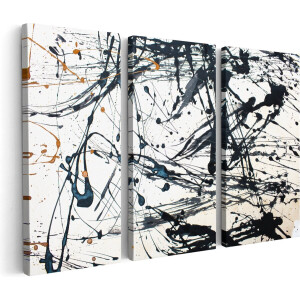 Artaza Canvas Schilderij Drieluik Abstracte Kunst van Zwarte Verf - 180x120 cm - Groot - Wanddecoratie Woonkamer - Schilderijen - Muurdecoratie