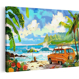 Artaza Canvas Schilderij Oranje Busje op het Strand - Landschap - 90x60 cm - Wanddecoratie Woonkamer - Schilderijen - Muurdecoratie
