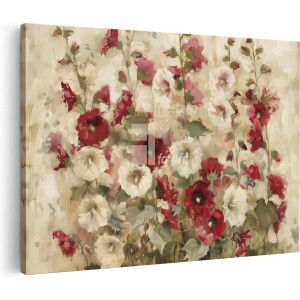 Artaza Canvas Schilderij Rode en Witte Bloemen op een Beige Achtergrond - 60x40 cm - Wanddecoratie Woonkamer - Schilderijen - Muurdecoratie