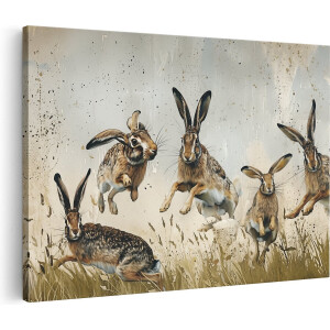 Artaza Canvas Schilderij Hazen in het Gras - Dieren - 90x60 cm - Wanddecoratie Woonkamer - Schilderijen - Muurdecoratie