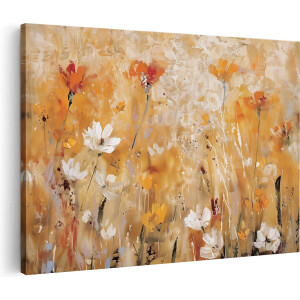 Artaza Canvas Schilderij Abstract Kunstwerk van Oranje en Witte Bloemen - Bloemen - 90x60 cm - Wanddecoratie Woonkamer - Schilderijen - Muurdecoratie