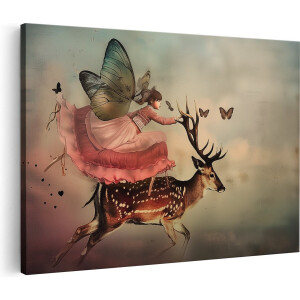 Artaza Canvas Schilderij Fee op een Hert met Vlinders - 60x40 cm - Wanddecoratie Woonkamer - Schilderijen - Muurdecoratie