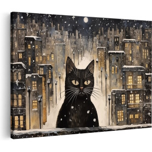 Artaza Canvas Schilderij Zwarte Kat in de Winter - 60x40 - Foto Op Canvas - Canvas Print