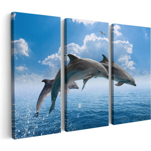 Artaza Canvas Schilderij Drieluik Dolfijnen Springen uit de Blauwe Zee - 150x100 - Groot - Foto Op Canvas - Canvas Print