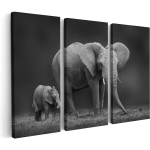 Artaza Canvas Schilderij Drieluik Olifant Moeder En Zoon - Zwart Wit - 90x60 - Foto Op Canvas - Canvas Print