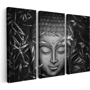 Artaza Canvas Schilderij Drieluik Gouden Boeddha Hoofd - Zwart Wit - 180x120 cm - Groot - Wanddecoratie Woonkamer - Schilderijen - Muurdecoratie