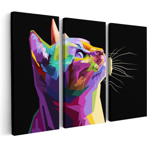 Artaza Canvas Schilderij Drieluik Kleurrijke Kat Kijkt Naar Boven - Abstract - 150x100 cm - Groot - Wanddecoratie Woonkamer - Schilderijen - Muurdecoratie