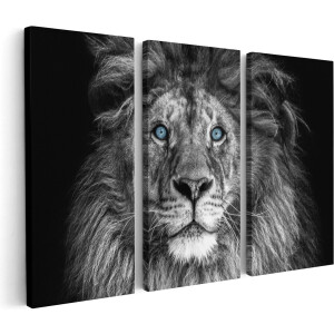 Artaza Canvas Schilderij Drieluik Leeuw Met Blauwe Ogen - Zwart Wit - 180x120 cm - Groot - Wanddecoratie Woonkamer - Schilderijen - Muurdecoratie