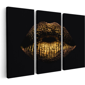 Artaza Canvas Schilderij Drieluik Gouden Lippen - 180x120 - Groot - Foto Op Canvas - Canvas Print