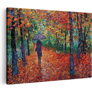 Artaza Canvas Schilderij Vrouw met een Paraplu door het Bos - 120x80 cm - Groot - Wanddecoratie Woonkamer - Schilderijen - Muurdecoratie