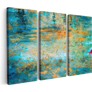 Artaza Canvas Schilderij Drieluik Abstracte Kunst - Blauw Goud Acryl - 120x80 cm - Wanddecoratie Woonkamer - Schilderijen - Muurdecoratie