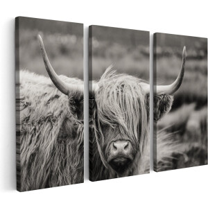 Artaza Canvas Schilderij Drieluik Schotse Hooglander Koe - Zwart Wit - 150x100 cm - Groot - Wanddecoratie Woonkamer - Schilderijen - Muurdecoratie