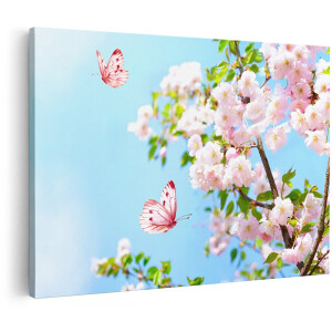 Artaza Canvas Schilderij Twee Roze Vlinders Bij Roze Bloesem Bloemen - 180x120 cm - Groot - Wanddecoratie Woonkamer - Schilderijen - Muurdecoratie