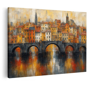 Artaza Canvas Schilderij Abstracte Gracht Met Huizen - Stedelijk Kunstwerk - 60x40 cm - Wanddecoratie Woonkamer - Schilderijen - Muurdecoratie