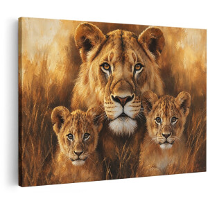 Artaza Canvas Schilderij Leeuwin Met Welpen - Dieren - Abstract - 150x100 cm - Groot - Wanddecoratie Woonkamer - Schilderijen - Muurdecoratie