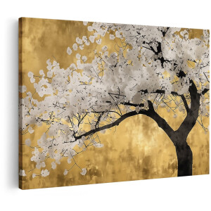 Artaza Canvas Schilderij Boom met Witte Bloemen tegen een Gouden Achtergrond - Bloemen - 150x100 cm - Groot - Wanddecoratie Woonkamer - Schilderijen - Muurdecoratie