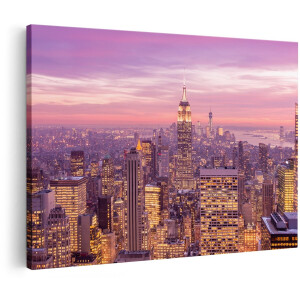 Artaza Canvas Schilderij New York Skyline Met Lichten Bij Zonsondergang - 150x100 cm - Groot - Wanddecoratie Woonkamer - Schilderijen - Muurdecoratie