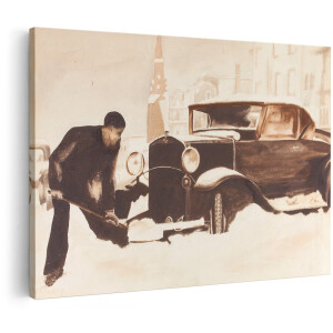 Artaza Canvas Schilderij Oldtimer - 180x120 cm - Groot - Vintage Wanddecoratie Sneeuw - Muurdecoratie Auto - Decoratie Winter Stad - Sepia