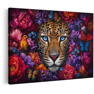 Artaza Canvas Schilderij Luipaardgezicht Met Bloemen - Kleurrijk En Exotisch - 90x60 cm - Wanddecoratie Woonkamer - Schilderijen - Muurdecoratie