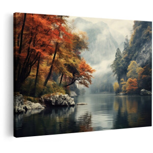 Artaza Canvas Schilderij Herfstlandschap - 150x100 cm - Groot - Wanddecoratie Natuur - Muurdecoratie Mistige Bergen - Decoratie Rivier Bos