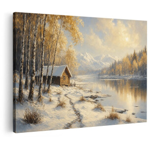 Artaza Canvas Schilderij Winterlandschap Met Huis Aan Het Water - Natuur - 90x60 cm - Wanddecoratie Woonkamer - Schilderijen - Muurdecoratie