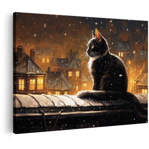 Artaza Canvas Schilderij Kat op het Dak in de Winter - 150x100 cm - Groot - Wanddecoratie Woonkamer - Schilderijen - Muurdecoratie