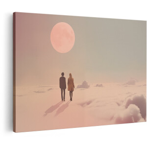 Artaza Canvas Schilderij Twee Mensen op Wolken met een Volle Maan - 180x120 cm - Groot - Wanddecoratie Woonkamer - Schilderijen - Muurdecoratie
